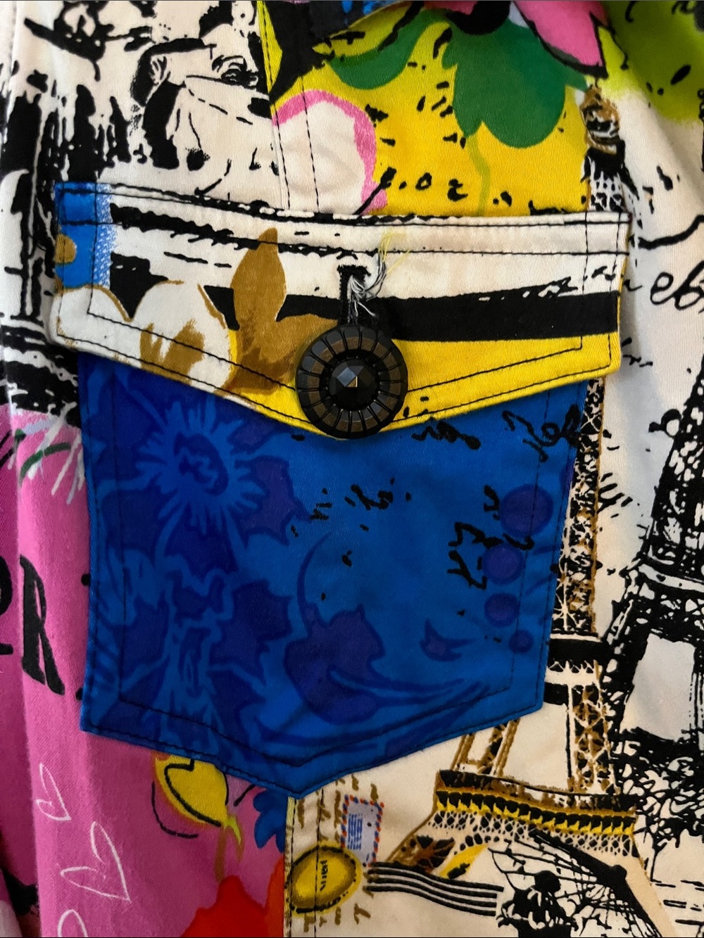 #20 - Colorblock Paris Print Button-Up Jacket w/Button & Flap Chest Pockets - Picture 4 of 12